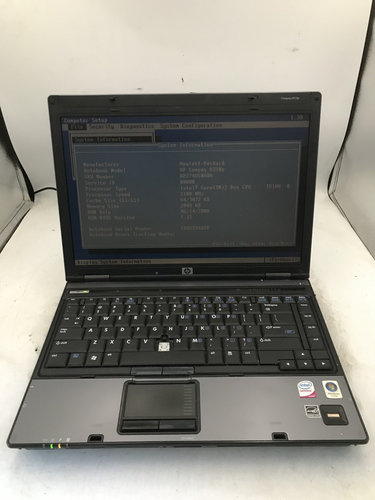 HP COMPAQ 6910P - BOOTS TO BIOS - INTEL 2 DUO T8100 - 2GB RAM - READ DESC - BB