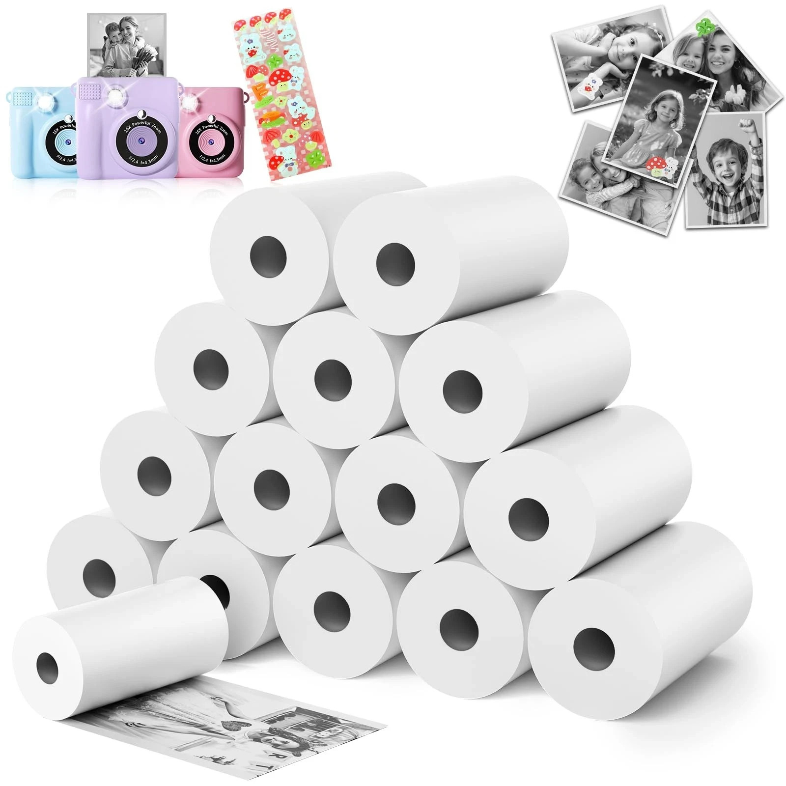 Kids Camera Paper Roll Refill - 15 Rolls HD Instant Print Paper with Stickers