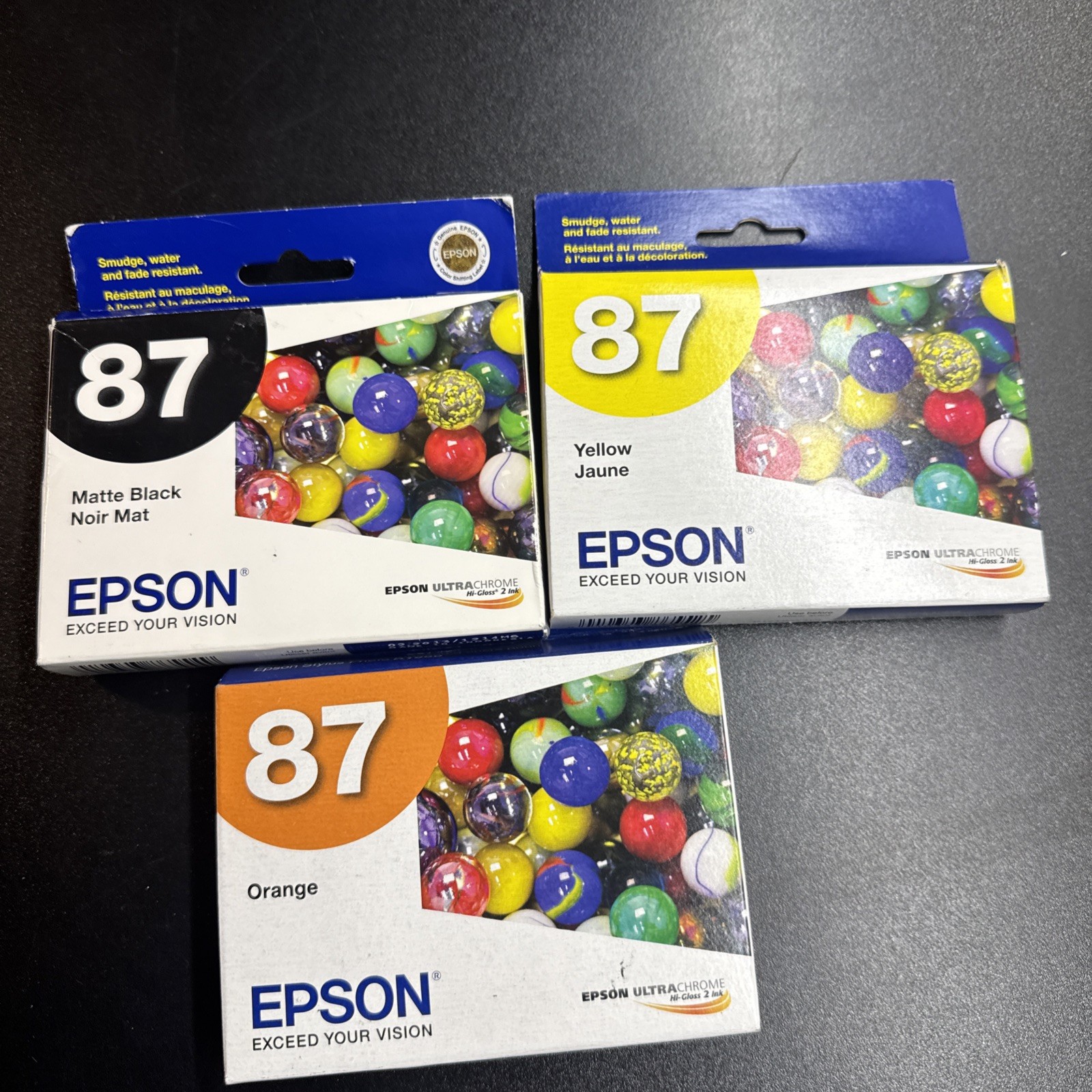 3 Genuine Epson 87 Black Yellow Orange Ink Cartridges