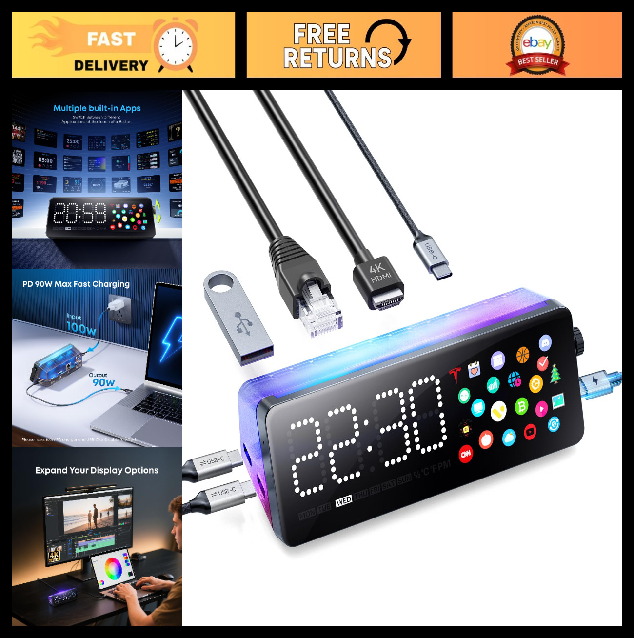 7-in-1 USB C Docking Station, 4K HDMI, 90W Power Delivery, Ethernet, Multiport A