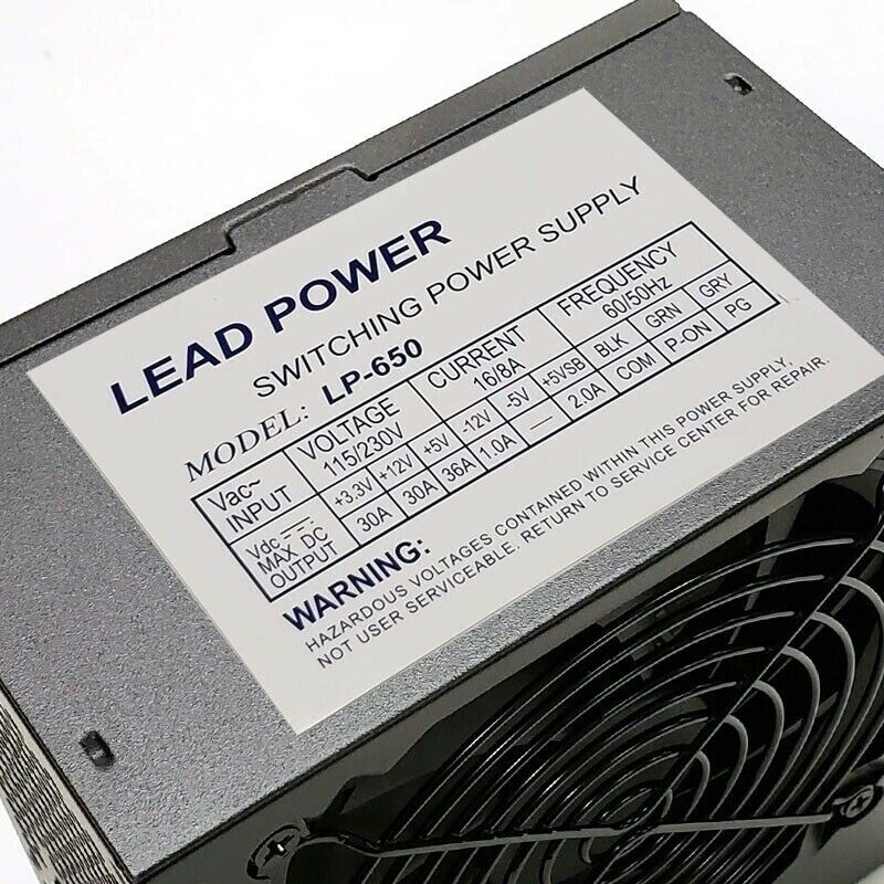 Lead Power 2X 8-Pin 650w-MAX 12cm ATX PS 20+4 Pin SATA PCIe 6+2 & 4+4 pin-New