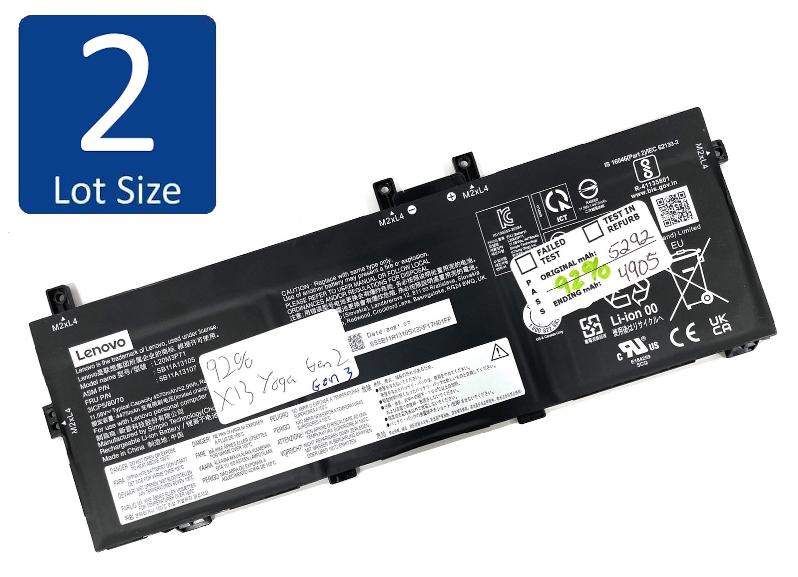 Lot of 2 Lenovo Laptop Battery L20M3P71 for ThinkPad X13 Yoga G2/G3