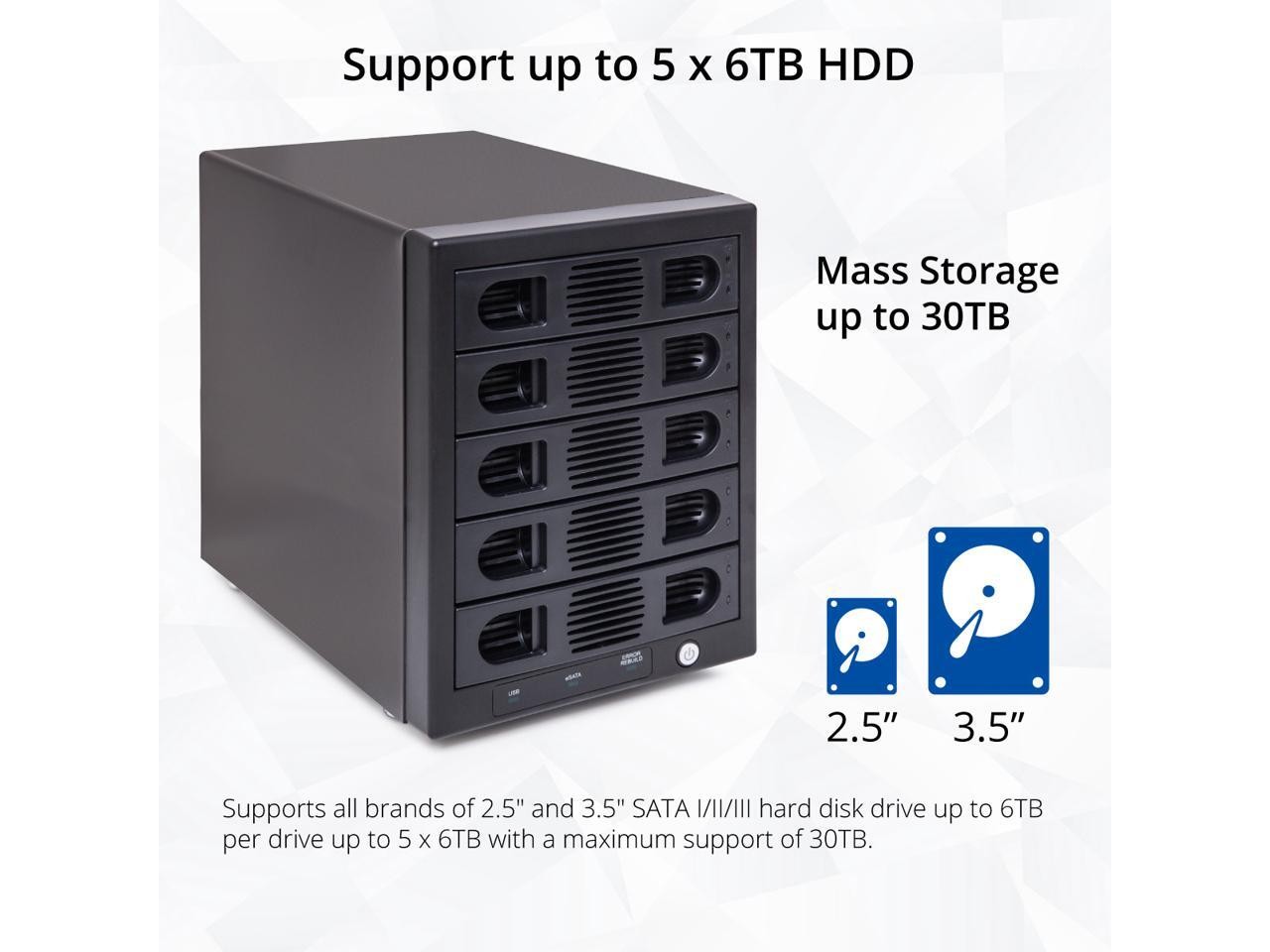 Syba SY-ENC50118 5 Bay 2.5" and 3.5" SATA HDD External USB 3.0 / eSATA RAID Hard