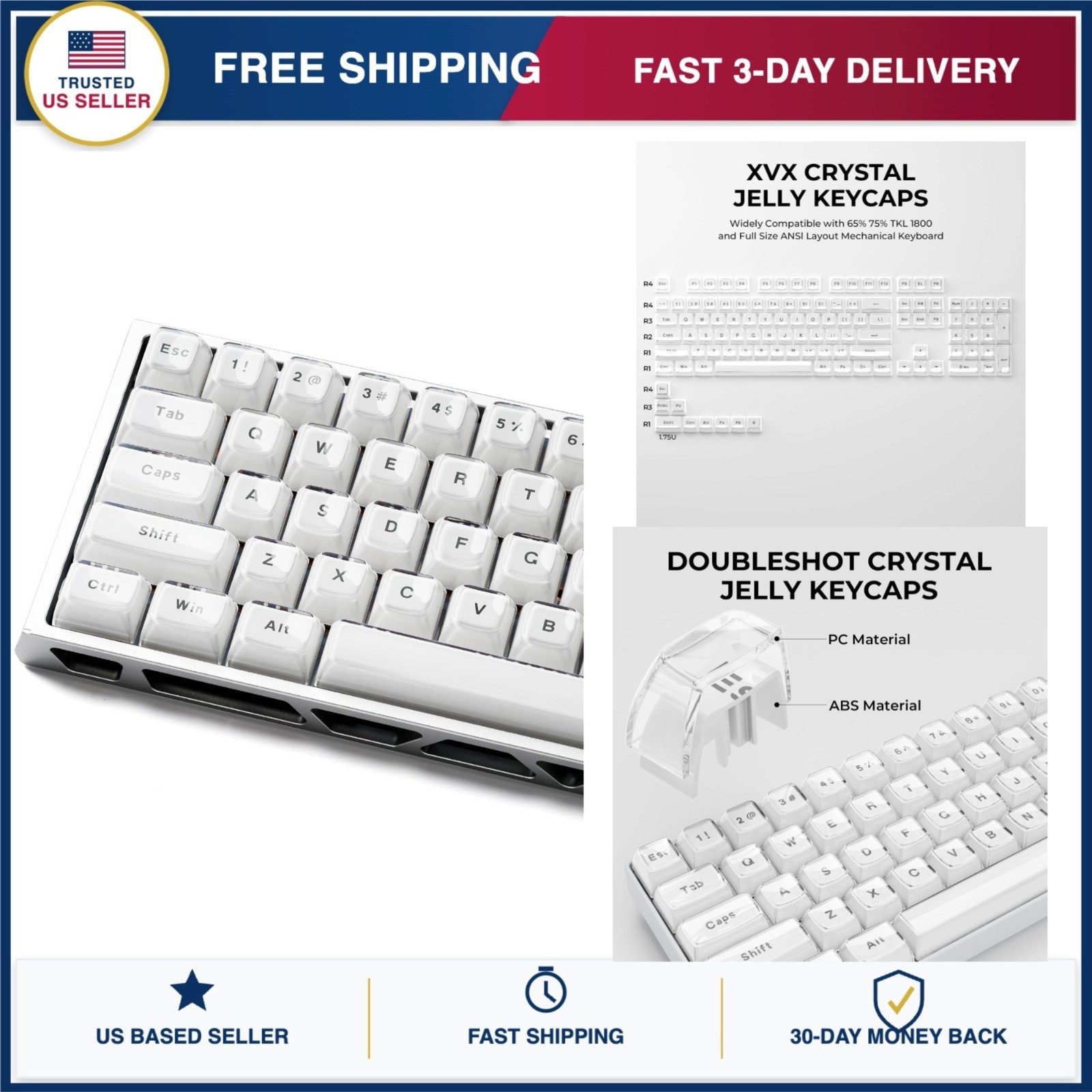 XVX White Crystal Jelly Keycaps OEM Profile 113 Keys Set for MX Mechanical