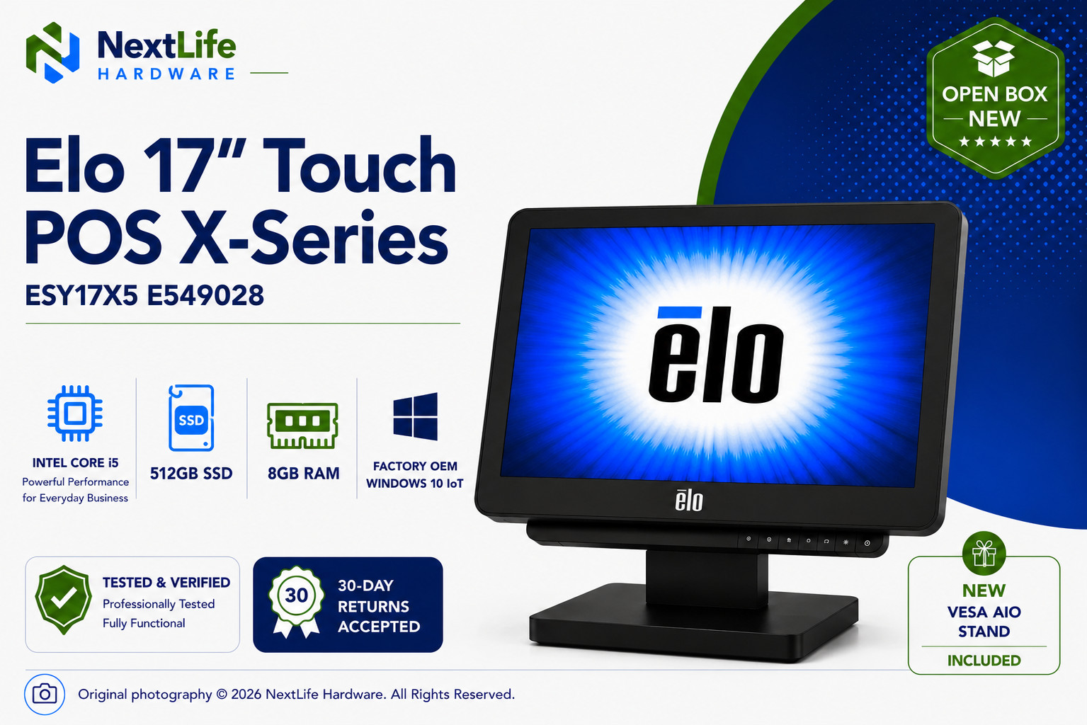 Elo 17" Touch POS X-Series ESY17X5 E549028 i5-6500TE 8GB 512GB SSD Win10 IoT AIO
