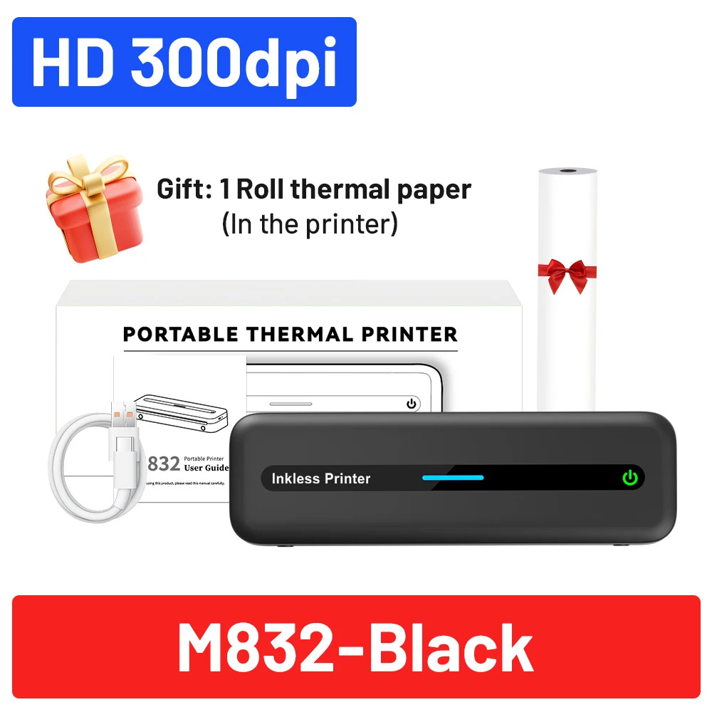 Portable Wireless Bluetooth Thermal Printer 300DPI Inkless Travel Mini Mobile A4
