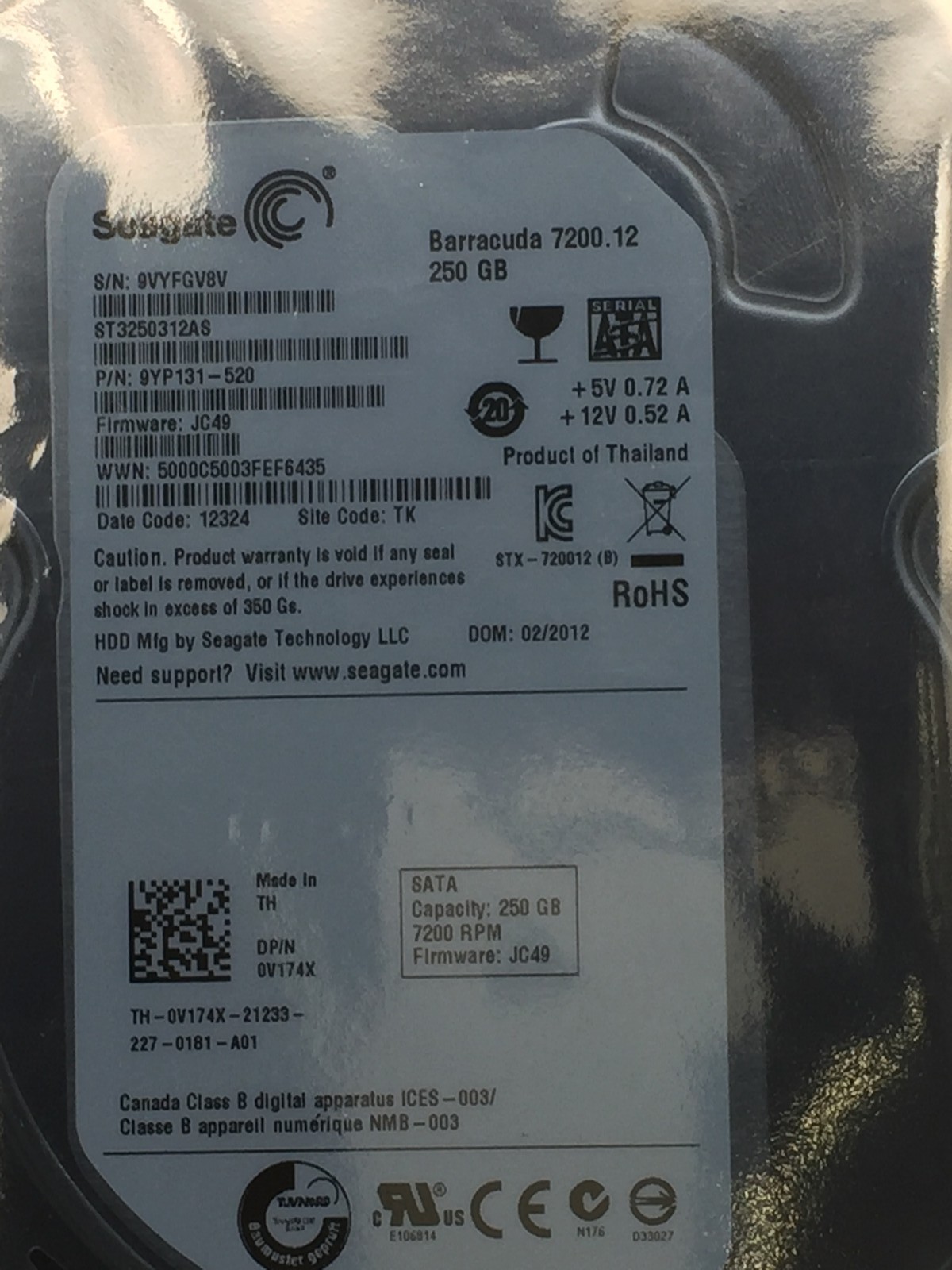 Seagate ST3250312AS  Barracuda  250GB 7200 RPM 8MB  SATA 3.0Gb/s 3.5" HDD USED