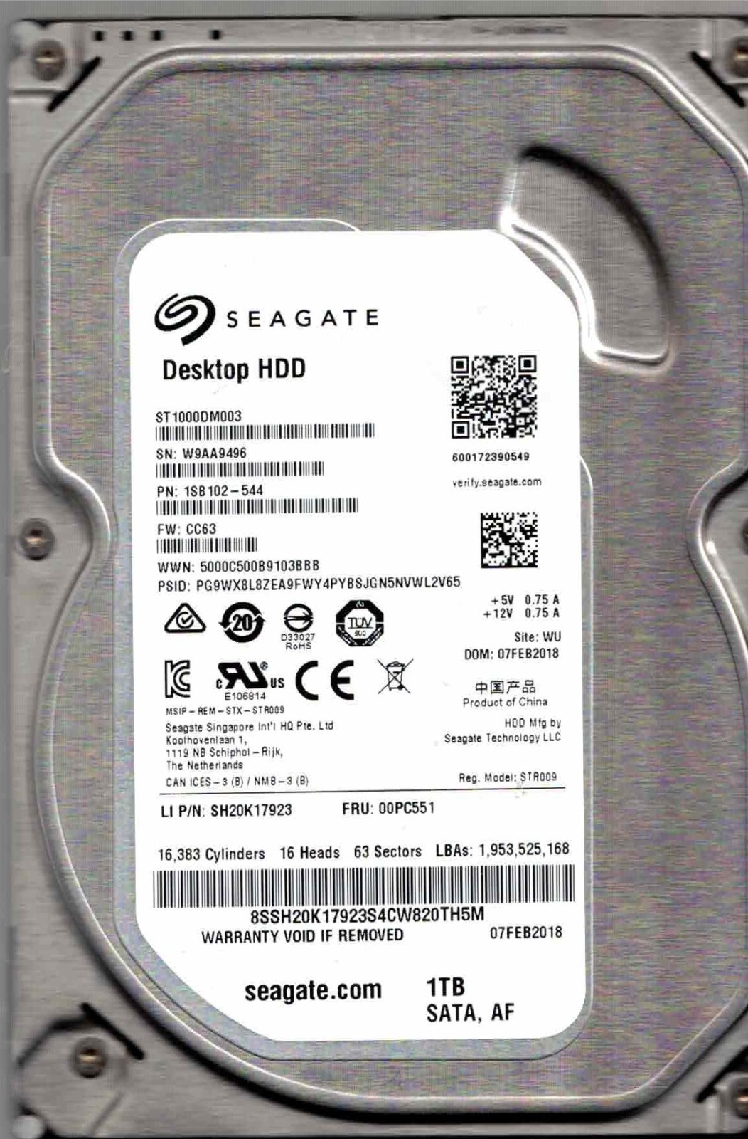 ST1000DM003,  1SB102-544,   CC63,  WU,  SEAGATE SATA 1TB  W9AA, FEB 2018