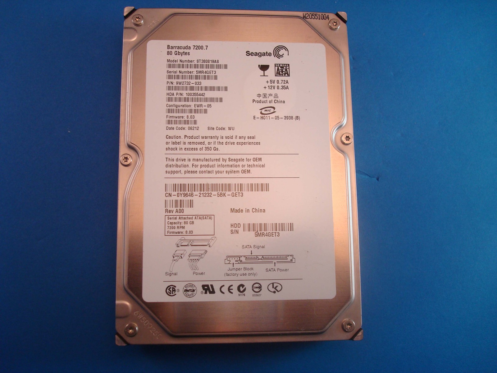 Seagate Barracuda SATA 80GB  ST380819AS  PN: 9W2732-033 FW: 8.03, 100355442,WU