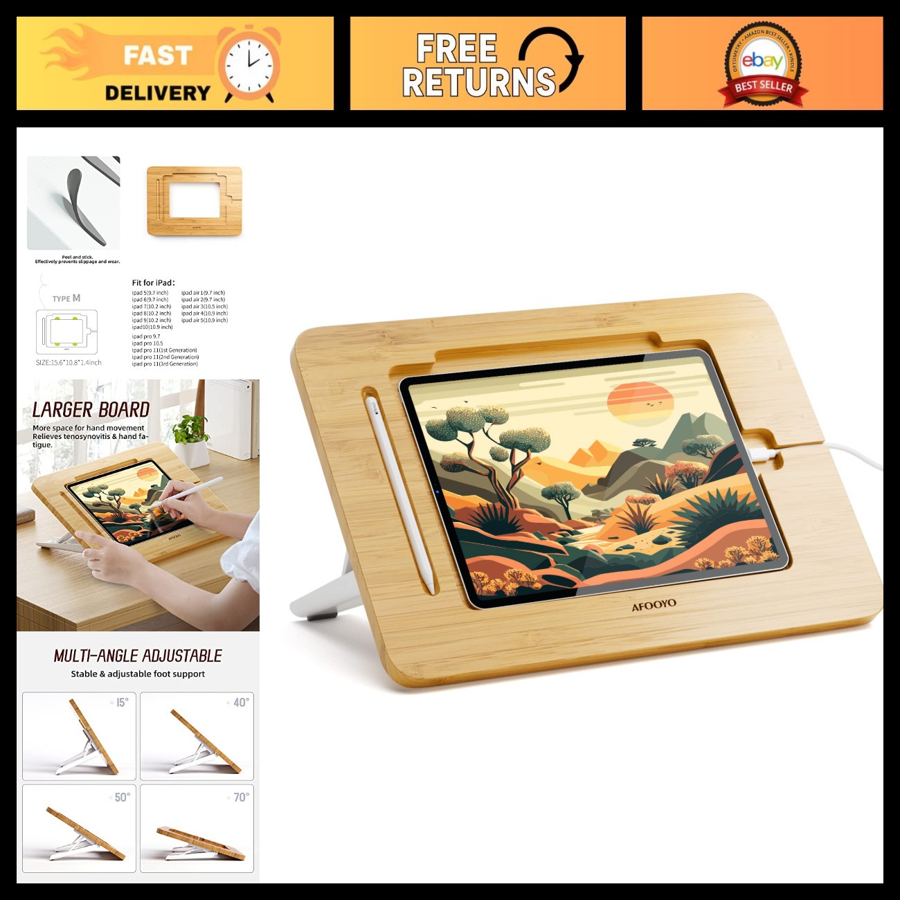 Adjustable Bamboo Tablet Drawing Stand - Portable 5 Angle Laptop Riser & Book Ho