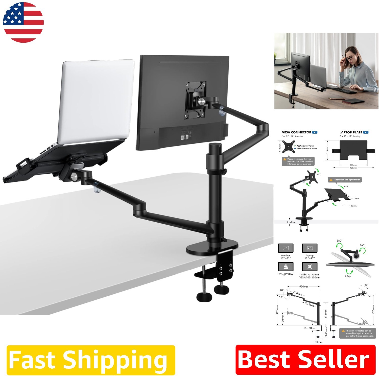 Dual Monitor Laptop Mount,  Aluminum 2-in-1 Desk Arm Stand, 17-32" Screens, 1...