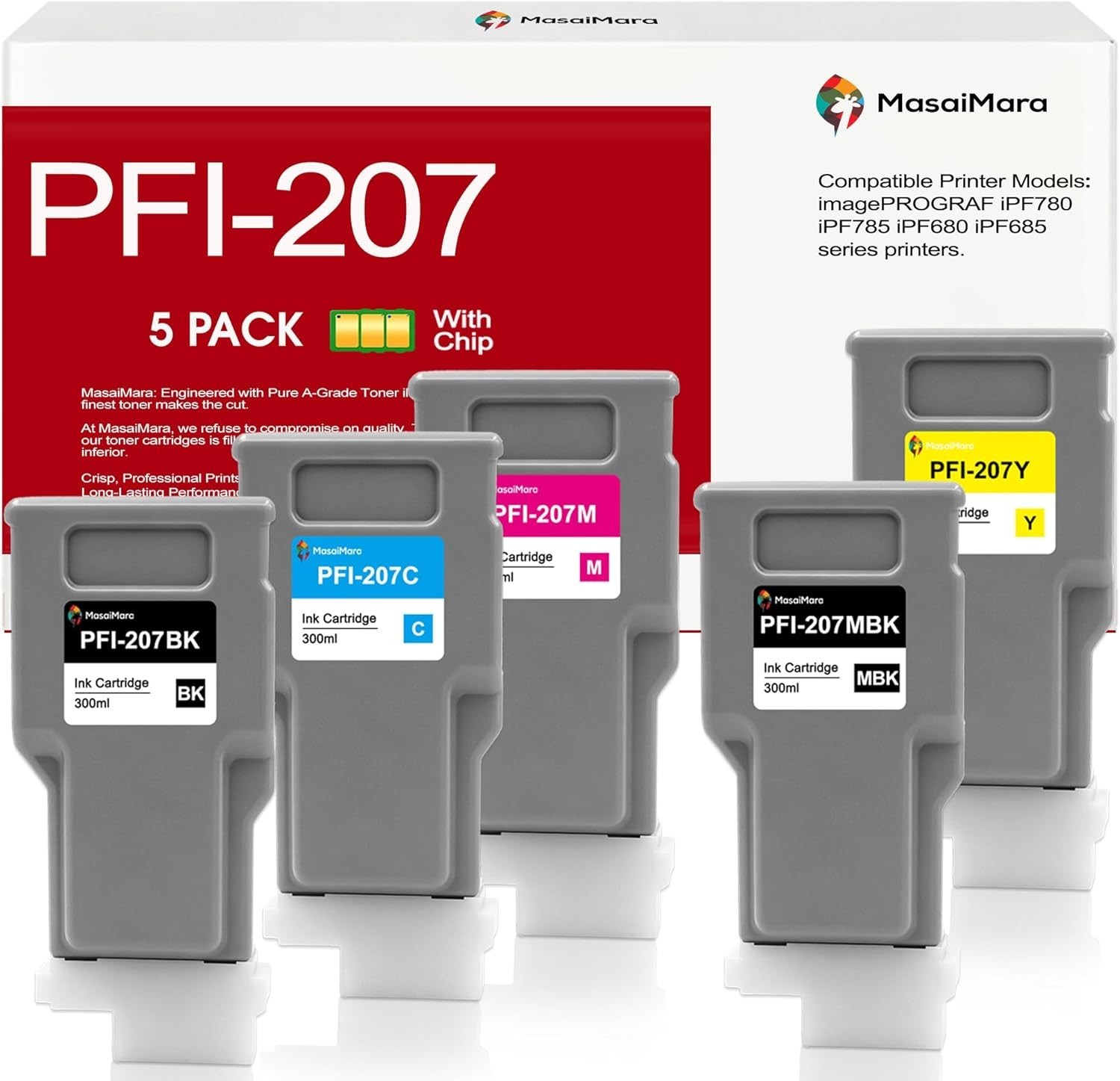 Compatible w/ Canon PFI-207 Ink Cartridge Set 5 Pack 300ml for imagePROGRAF iPF6
