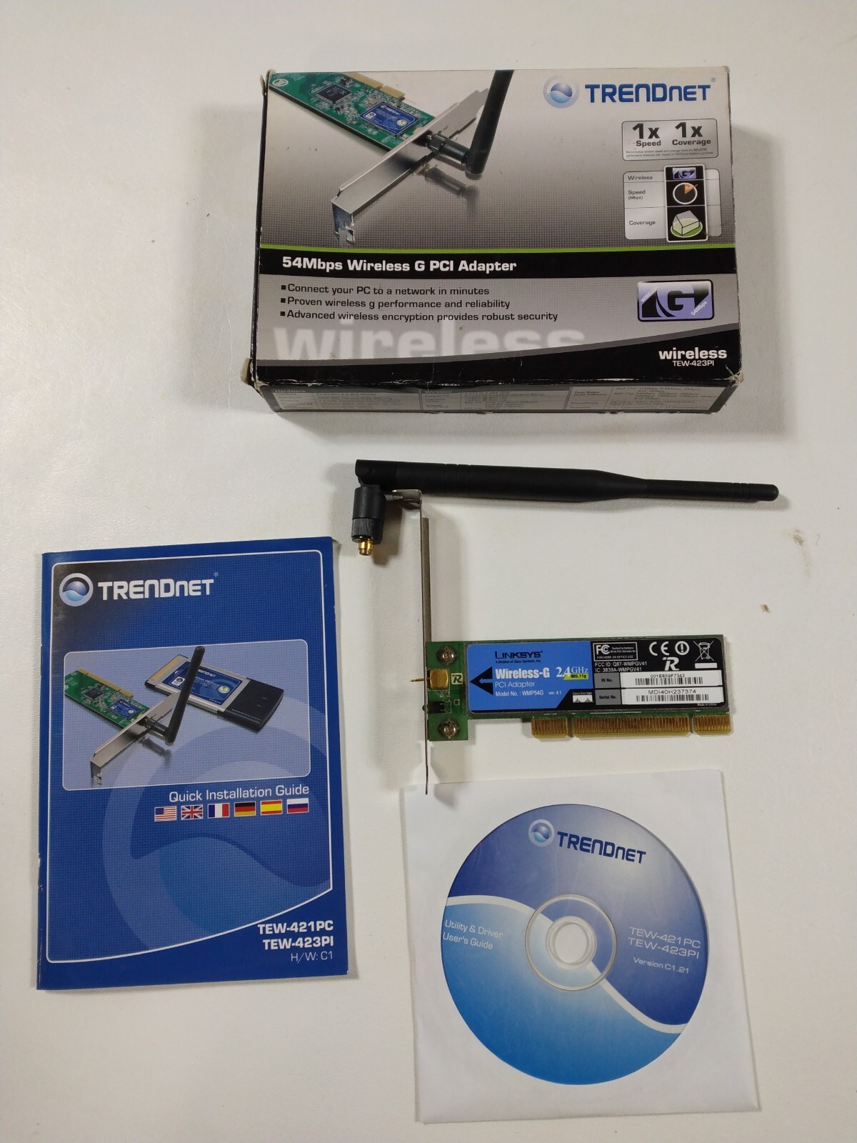 TRENDnet 54Mbps PCI Adapter 802.11b/g 2.4GHz WPA-PSK 64/128-Bit TEW-423PI 