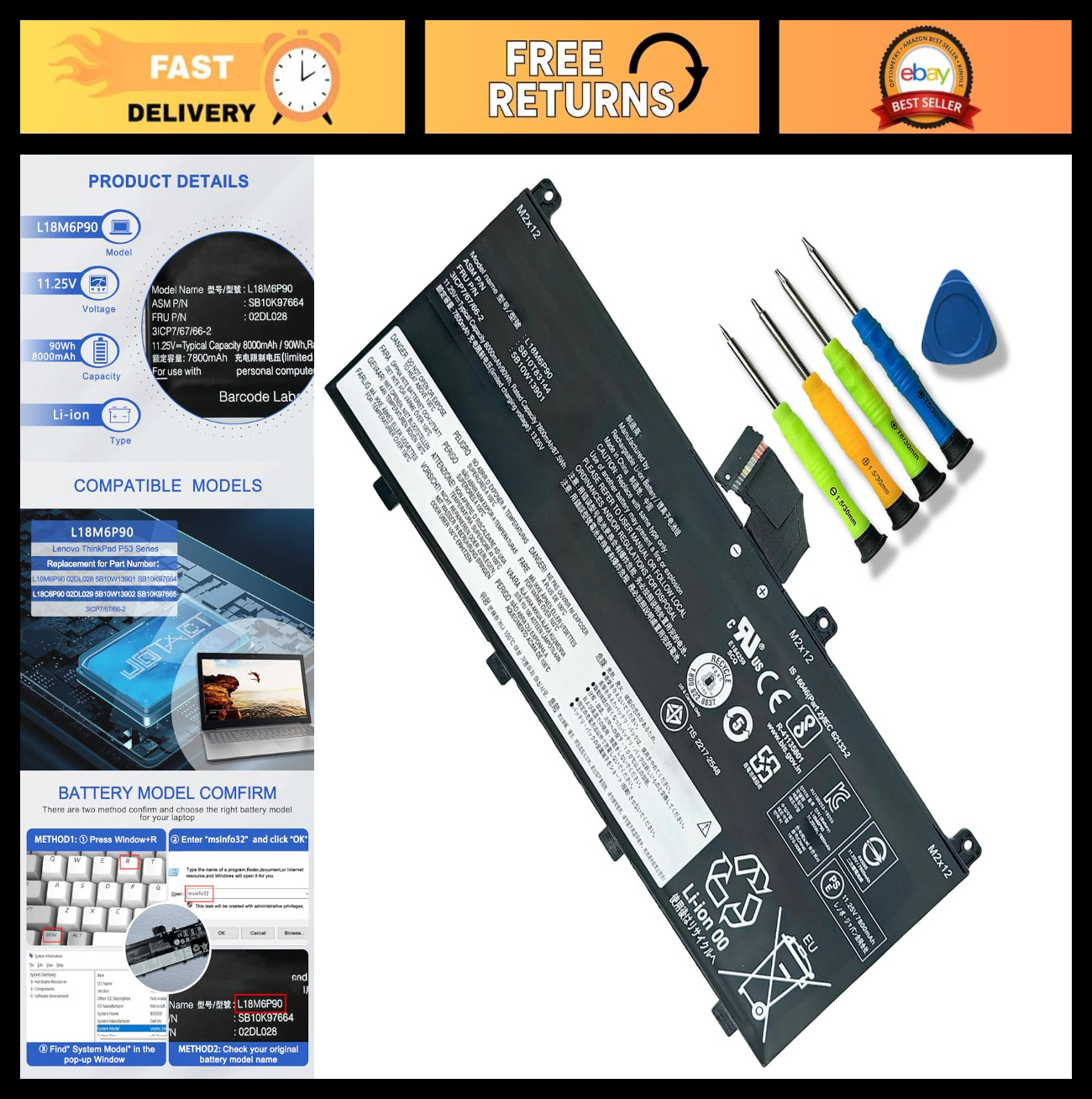High-Capacity 90Wh Laptop Battery for ThinkPad P53, 8000mAh, 6-Cell Replacement