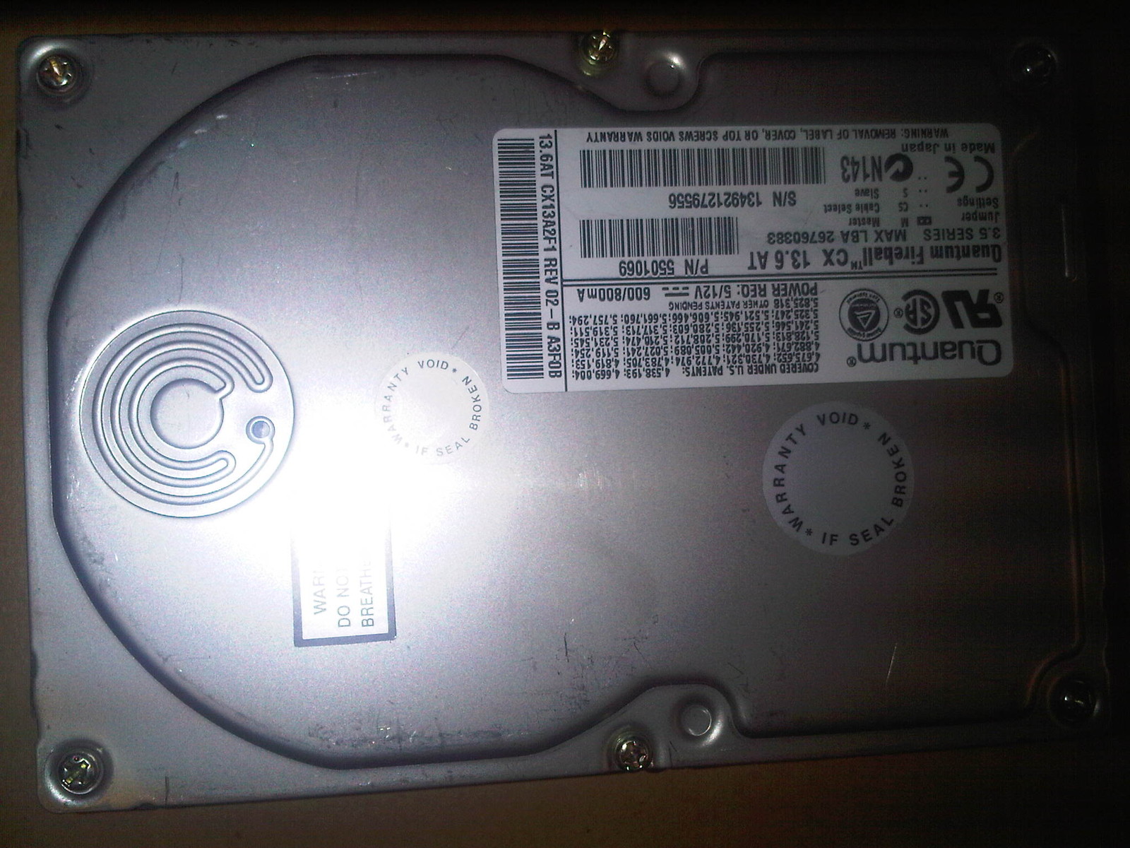 Quantum  Fireball CX 13.6AT 5501069 CX13A2F1 REv 02-B A3F0B Hard Drive