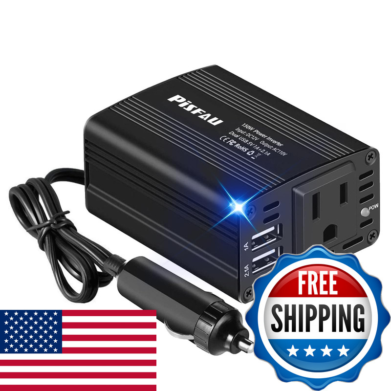 Pisfau 150W Power Inverter 12V Dc To 110V Ac Car Plug Adapter Outlet Converter