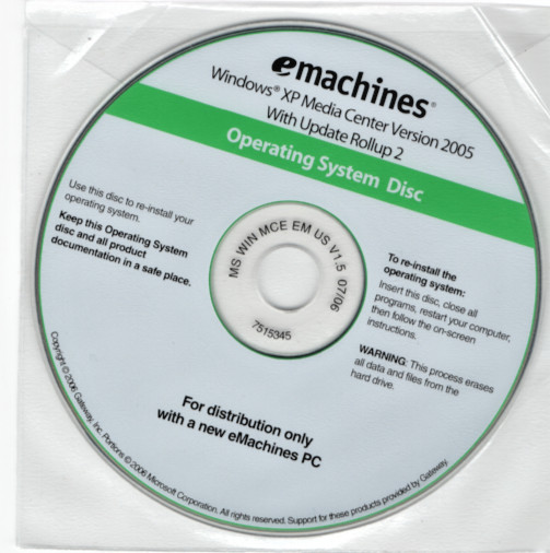 eMachines Windows XP Media Center 2005 Operating System Restore DVD-ROM (2006)