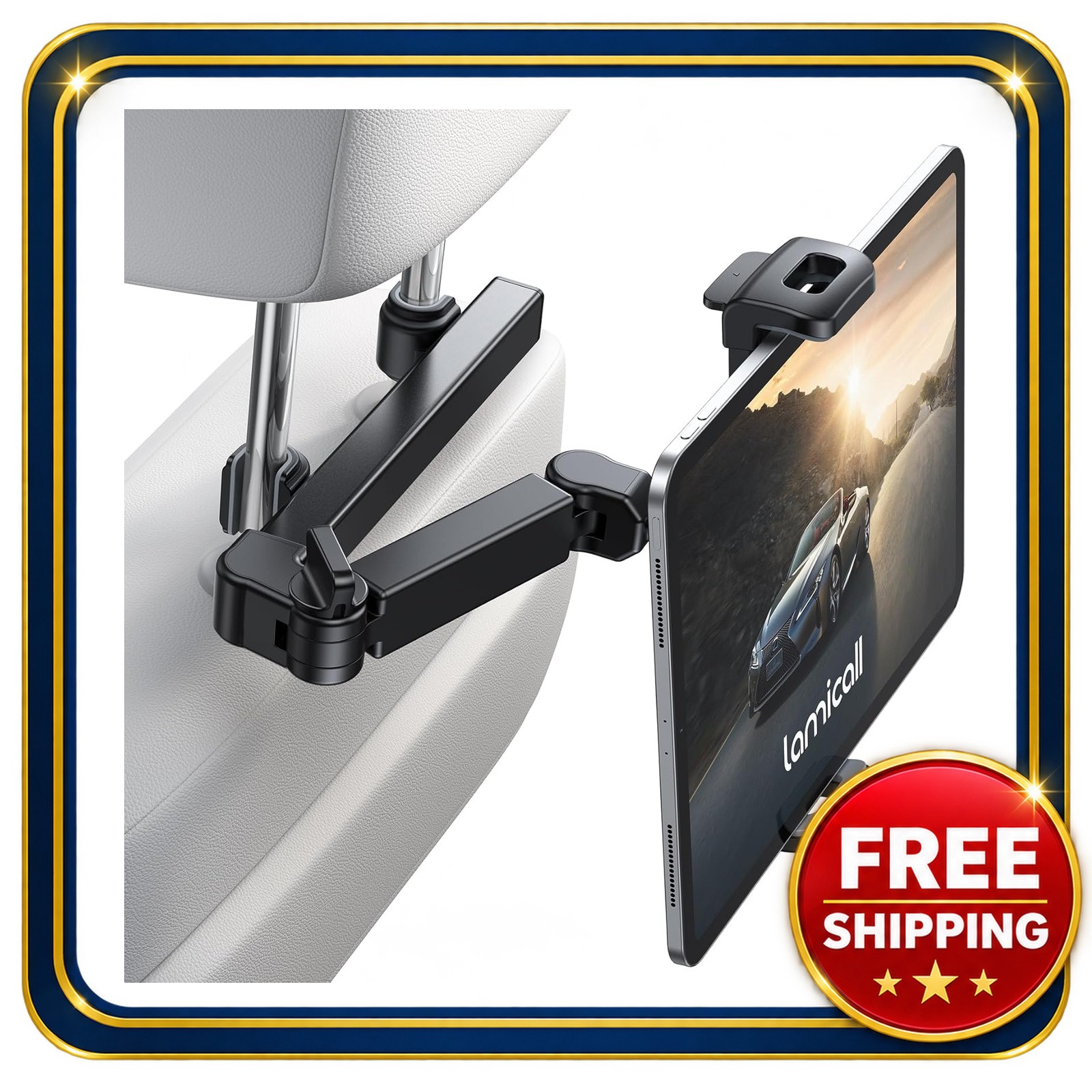 Car Headrest Tablet Holder 4.7-11 inch adjustable arm metal crossbar