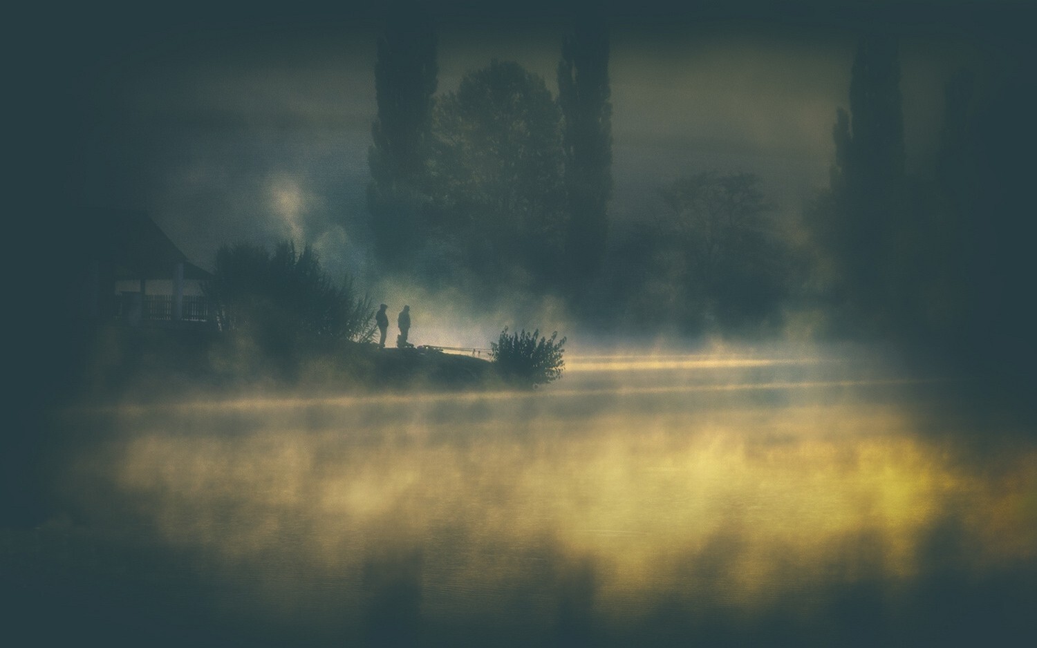 Landscape nature photography mist lake trees house Custom Gaming Mat Desk