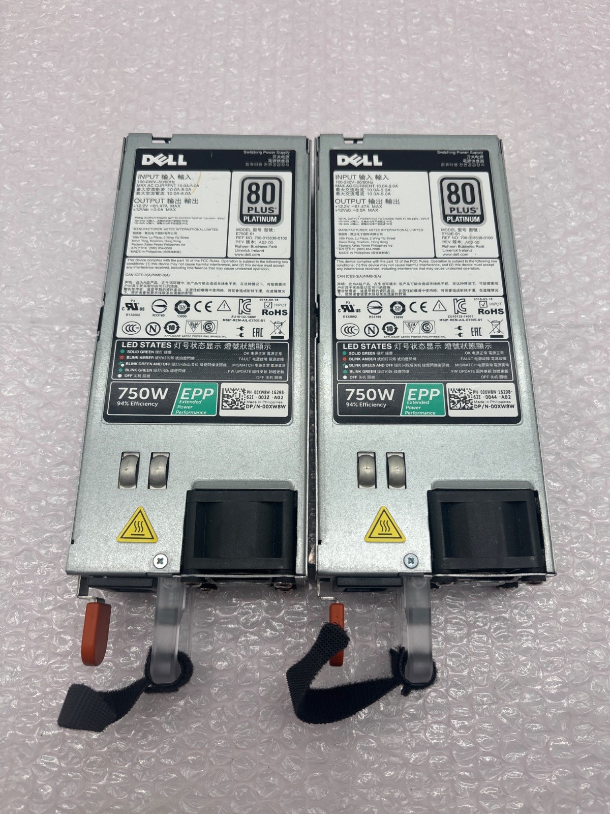 Lot of 2 Dell E750E-S1 750W 80 PLUS Platinum Server PSU 00XWBW PowerEdge