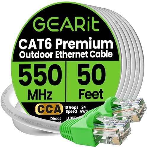 GEARit Cat6 Outdoor Ethernet Cable (50 Feet) CCA Copper Clad, 50 Feet, White