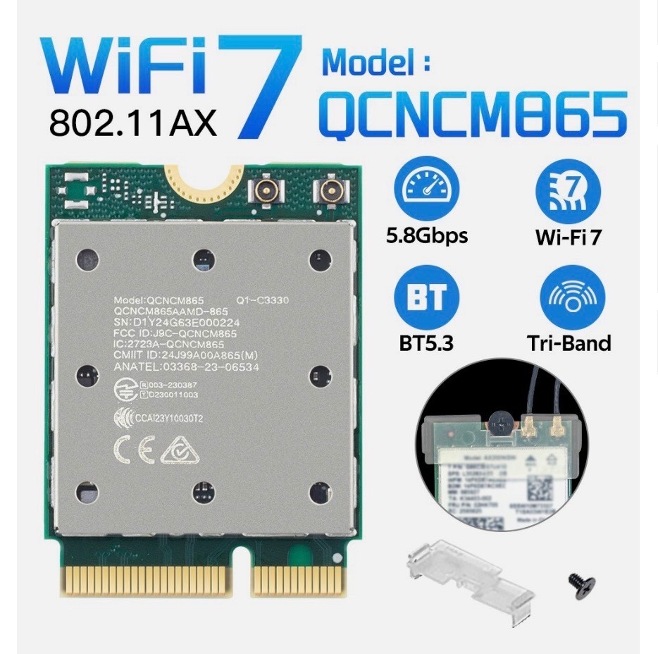 WiFi7 QCNCM865 M.2 Wireless Card Tri-Band 5.8Gbps BT5.3 802.11ax Network Adapter