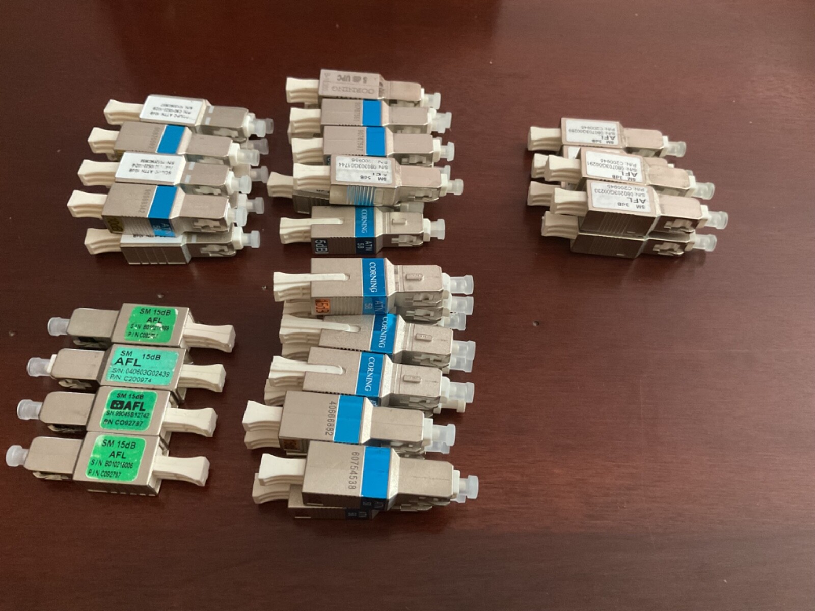 Bulk LOT of 39 Corning AFL Singlemode SC Attenuators 15db 10db 5db 3db