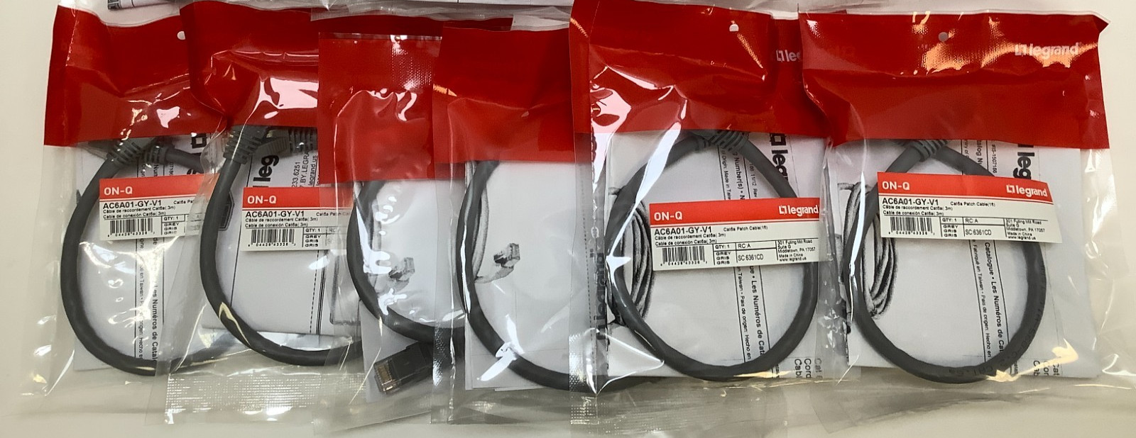 Legrand ON-Q AC6A01-GY-V1 Cat6a Patch Cable, 1 ft (0.3m), Gray, Lot of 6