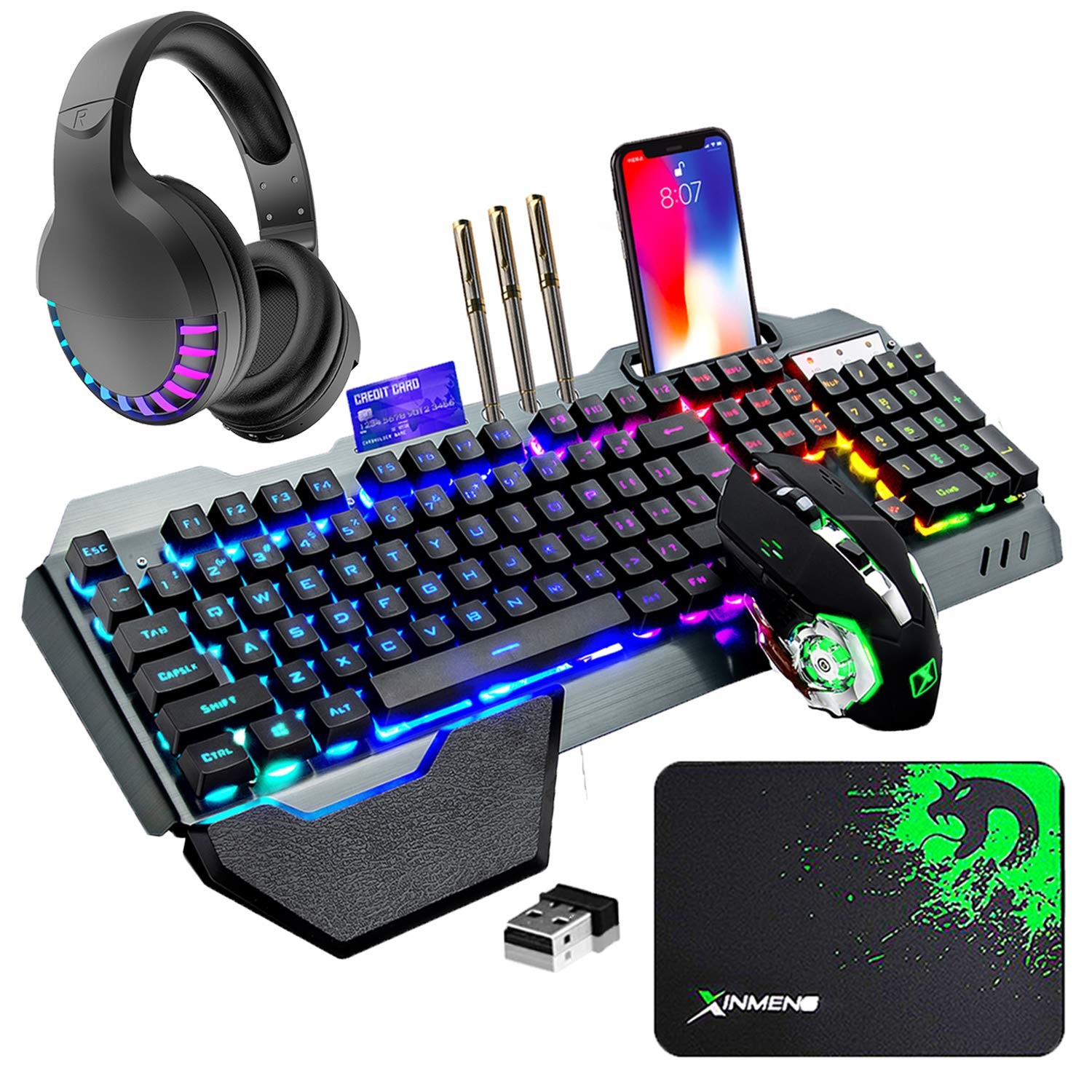 Wireless Gaming Membrane Keyboard Mouse and Bluetooth Headset Kit-Black RGB |...
