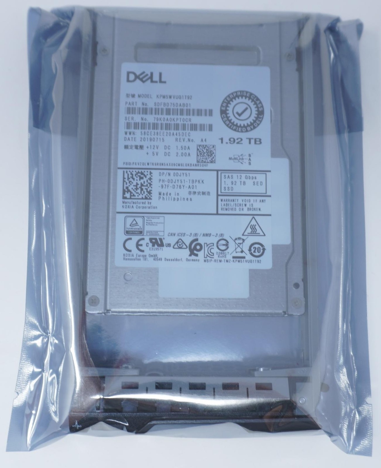 0DJY51 Dell 1.92TB SAS 12Gb/s Mixed Use 2.5in SED SSD KPM5WVUG1T92