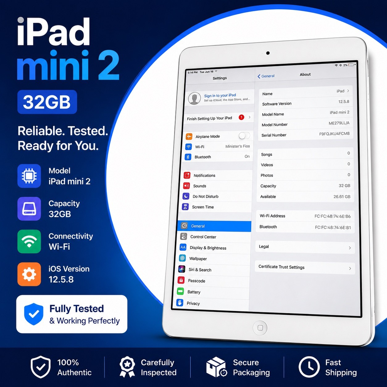 Apple iPad Mini 2 32gb Wi-Fi White/Silver A1489 Tablet - Used - Read Description