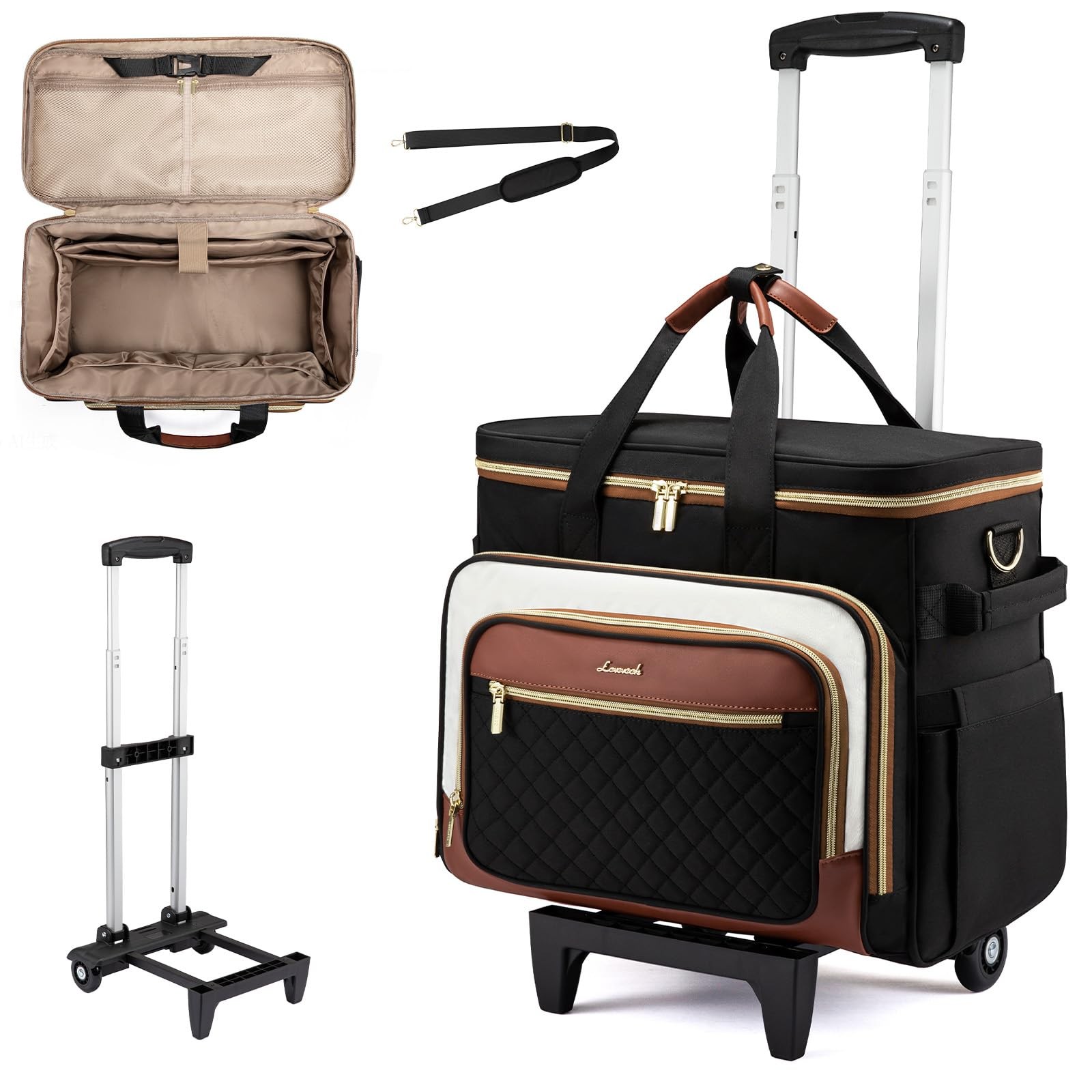 LOVEVOOK Rolling Teacher Bag with 17.3 inch, Quilted-Black-beige-brown