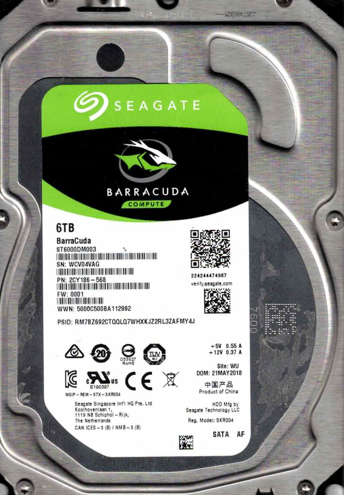 ST6000DM003,  2CY186-568,  0001,  WU,  WCV0   SEAGATE 6TB MAY 2018