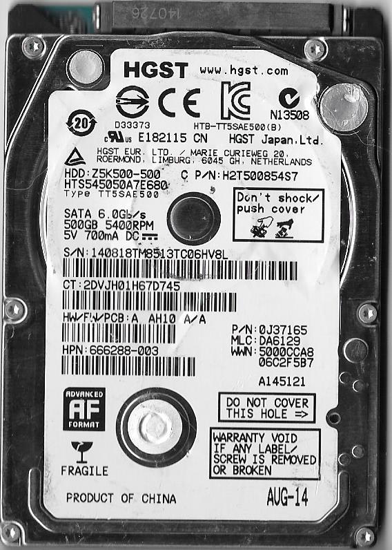 HGST HTS545050A7E680 500GB SATA HARD DRIVE P/N: 0J37165  MLC: DA6129