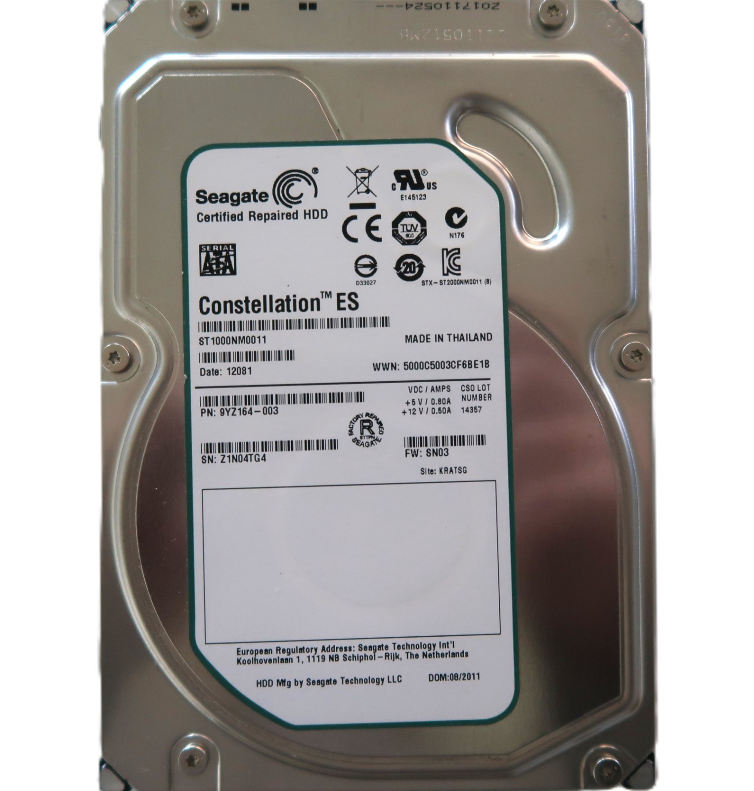 ST1000NM0011 PN: 9YZ164-003 FW: SN03 KRATSG (Z1N) Thailand 3.5" 1TB Sata 08/2011