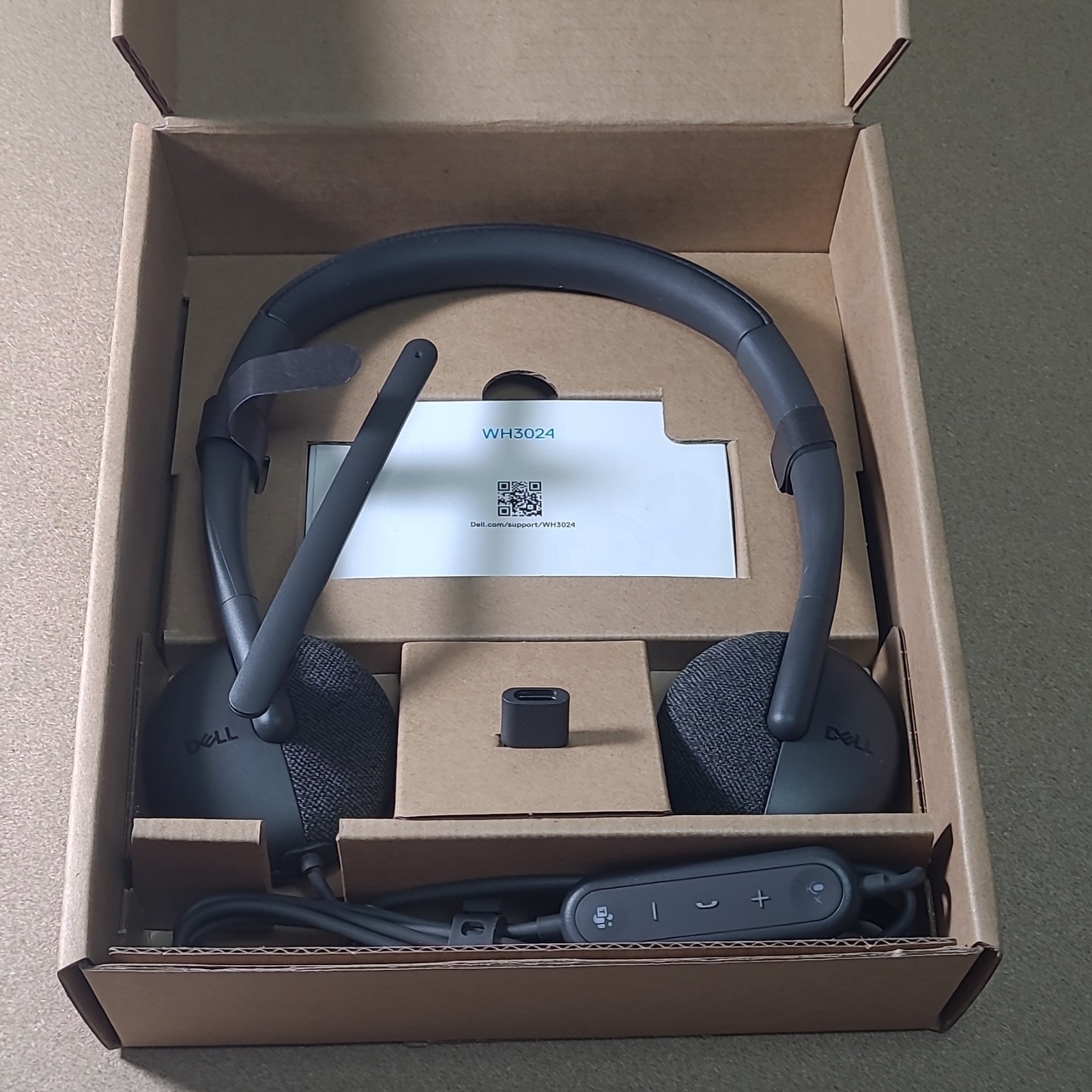 Dell WH3024 USB Wired On-Ear Headset w/ Boom Mic Inline Controls, Black