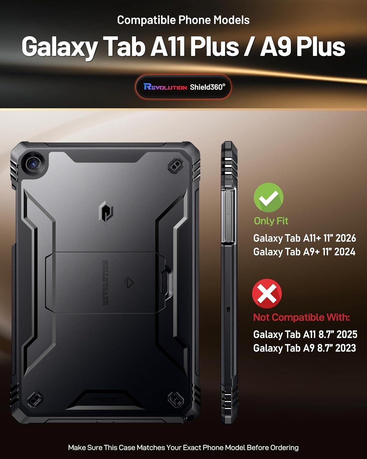For Samsung Galaxy Tab A9 Plus / A11 Plus Case Poetic Kickstand Rugged Black
