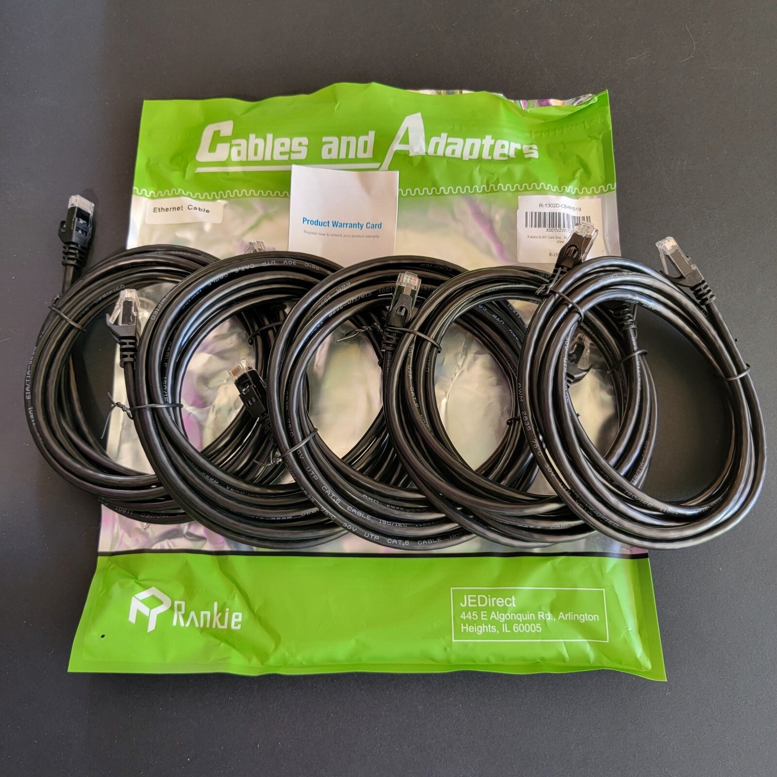 New Pack of 5 Rankie 10ft Ethernet Cables RJ45 Cat6 Snagless R-1302D-CB Cat#JK