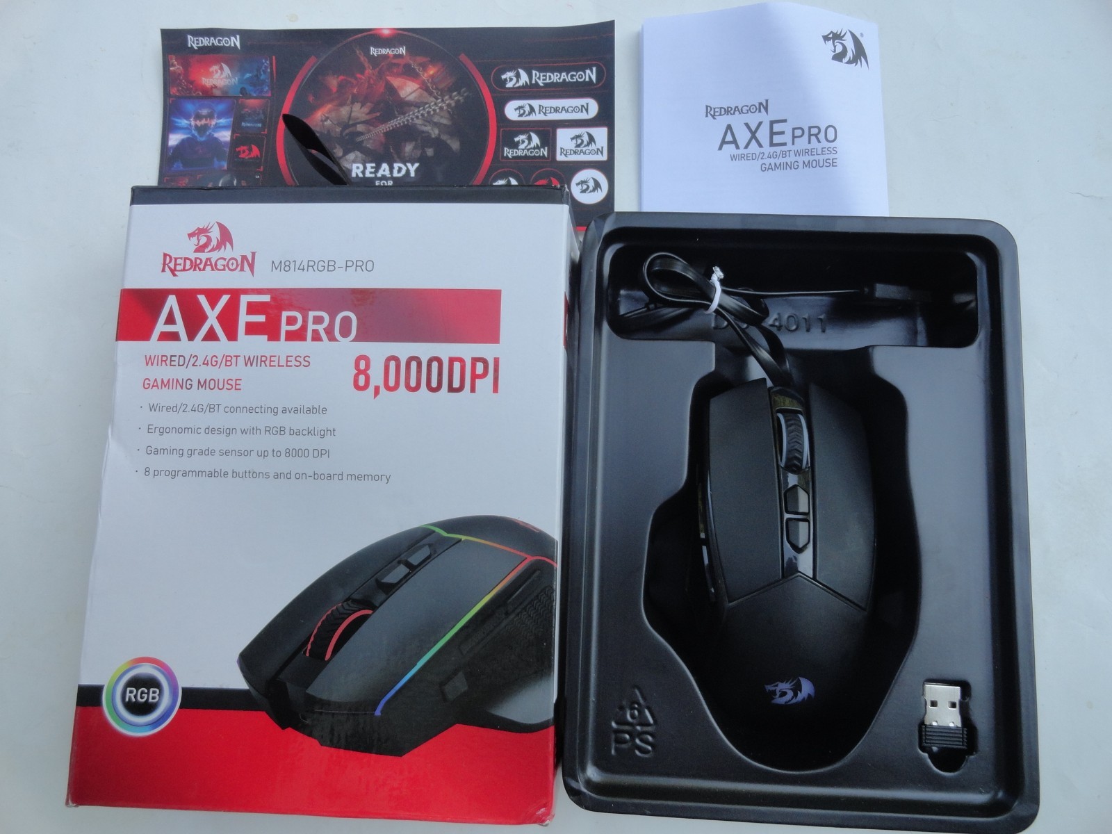 REDRAGON AXE PRO M814RGB-PRO Wired 2.4 BT Wireless Gaming Mouse 8000DPI OPEN BOX