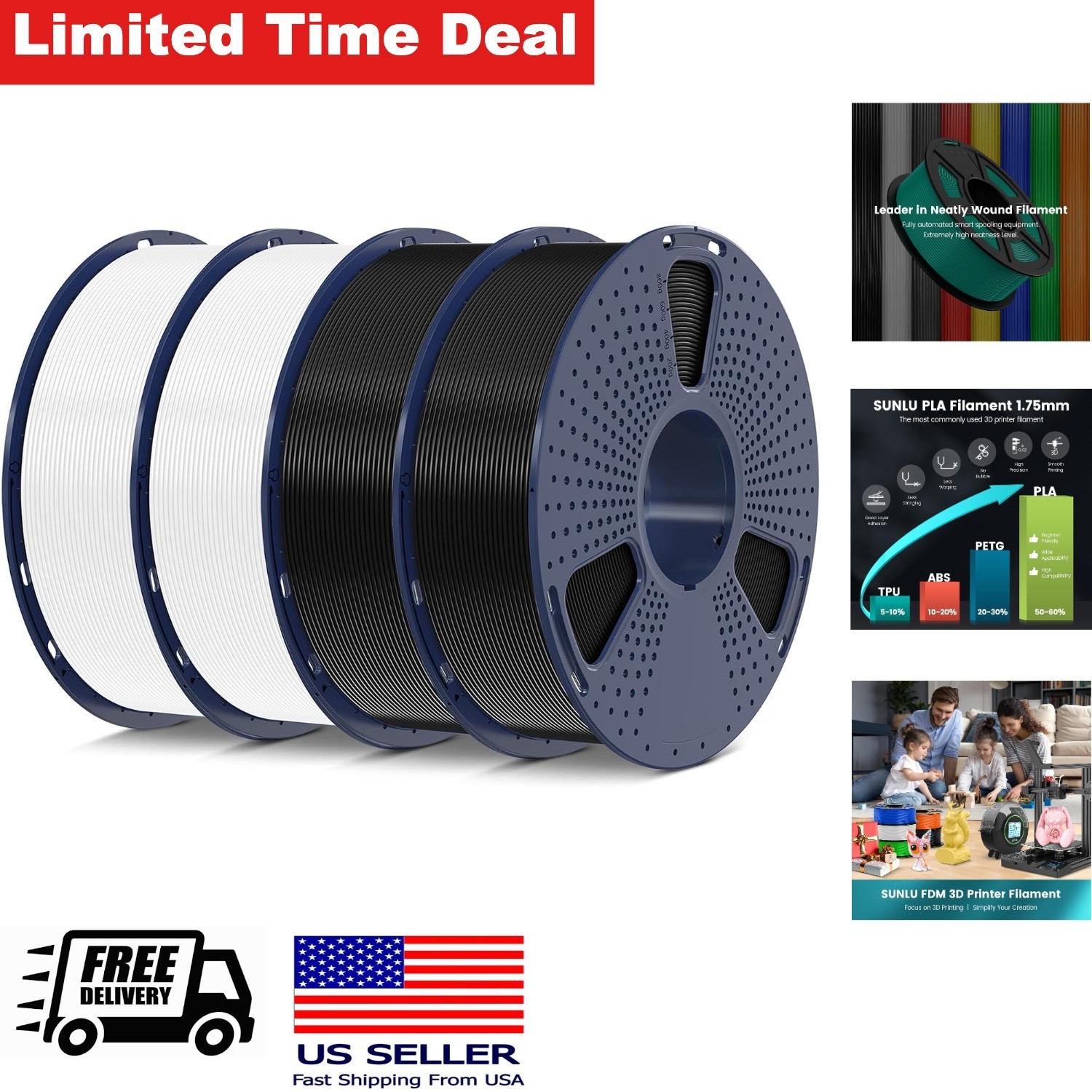 PLA 3D Printer Filament 4KG Black White 1.75mm No Clogs Quality Prints