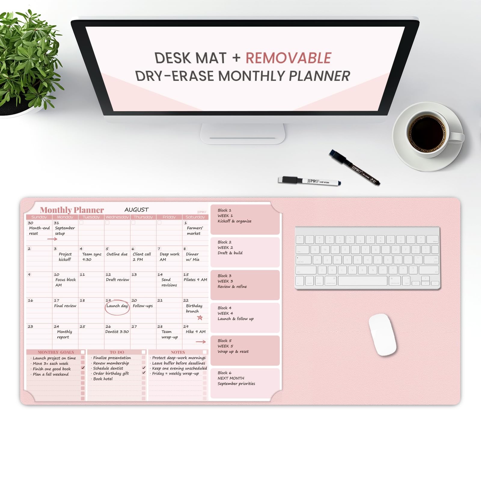 Pink Dry Erase Desk Mat,Large Multi-Use Dry Erase Desk Calendar