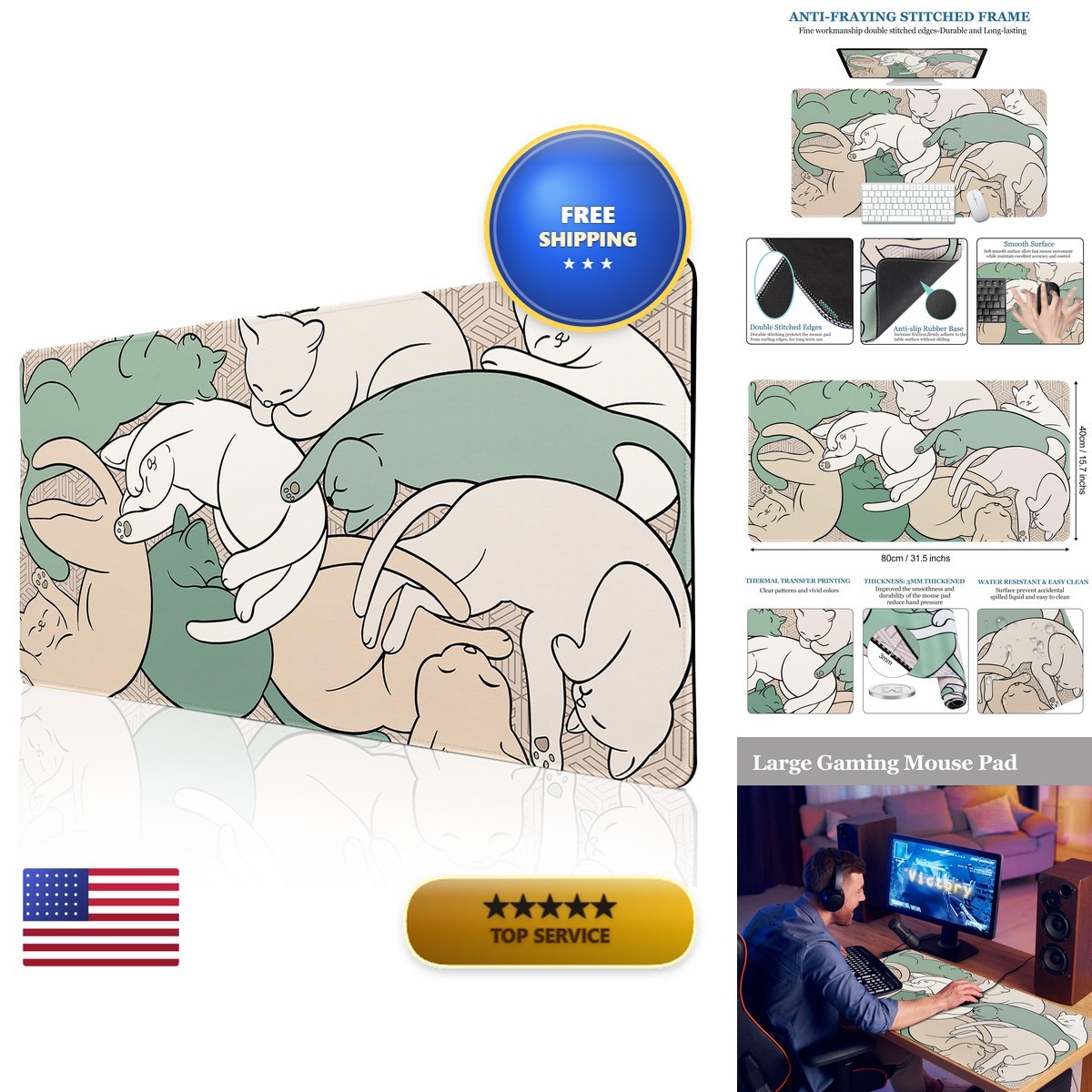 CutebriCase Mousepad-No1 Cute Sleeping Cat XXL Large Anti-Slip Waterproof Desk
