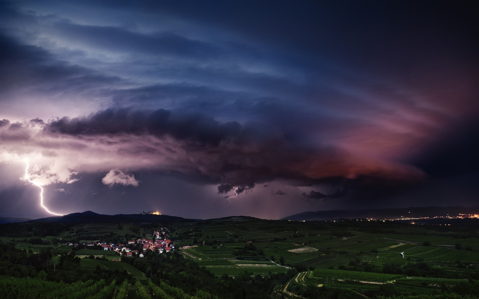 Landscape nature lightning storm hills field village Custom Gaming Mat Desk