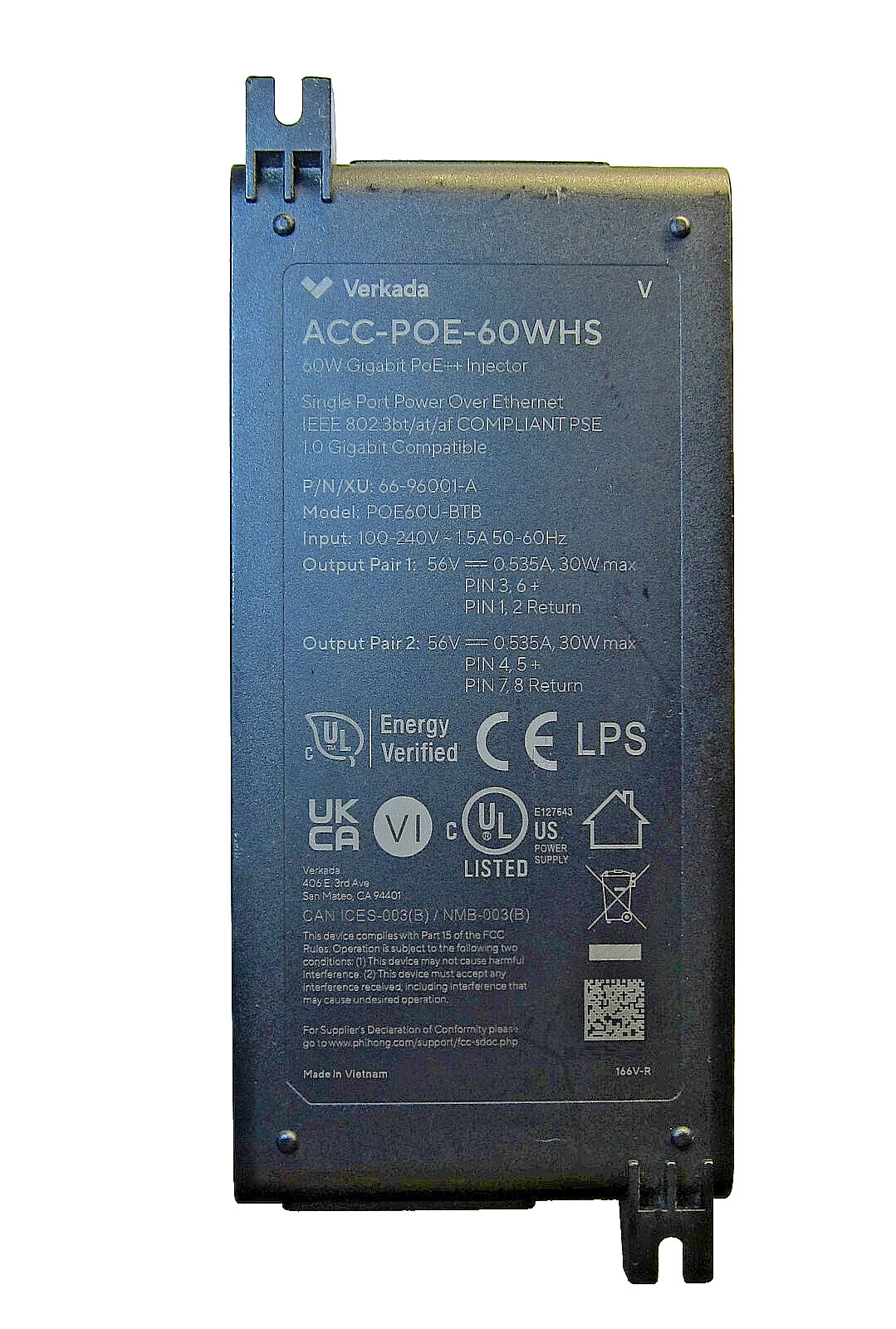 Genuine Verkada ACC–POE–60W High Surge (HS) POE++ Injector ACC–POE–60WHS