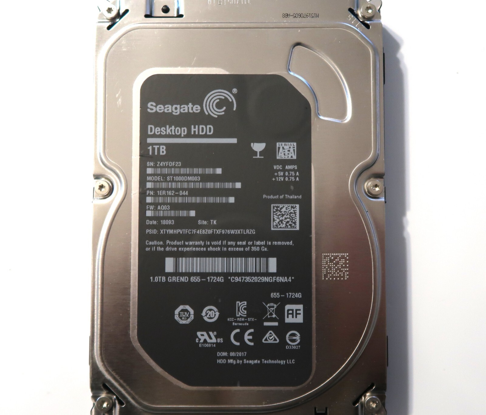 Seagate ST1000DM003 1ER162-044 AQ03 (Z4Y) TK Thailand 1000GB 3.5" Sata 2017