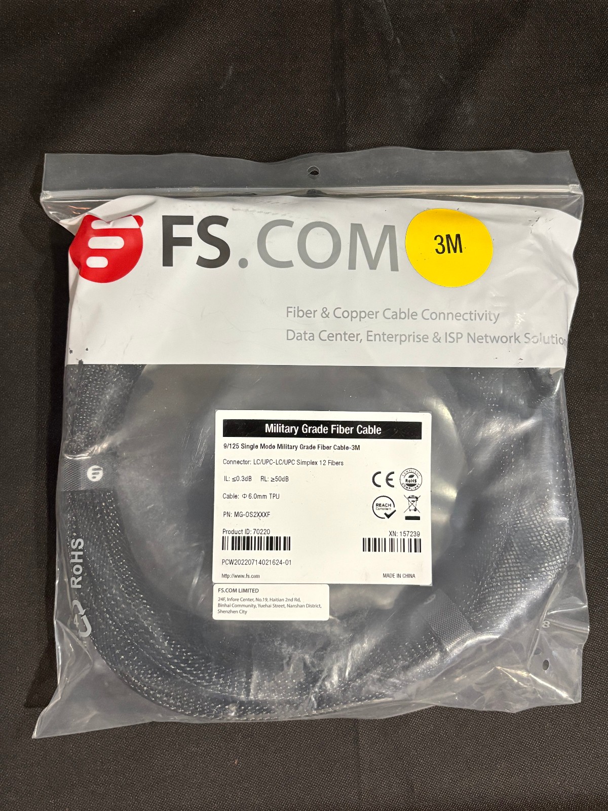 LC/UPC to LC/UPC Simplex 12 Fibers Single Mode Military Grade Fiber Cable - 3M