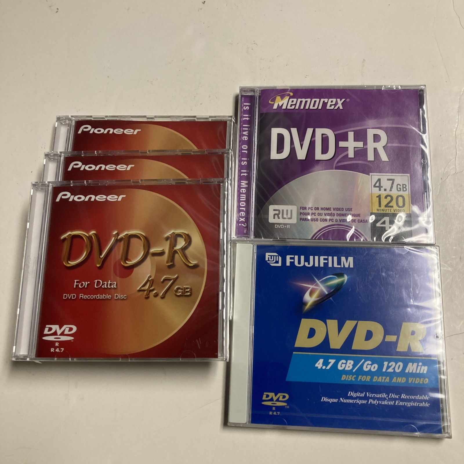 Lot of 5 120 Minute DVD R Blank discs 4.7GB Pioneer Memorex Fuji New Sealed