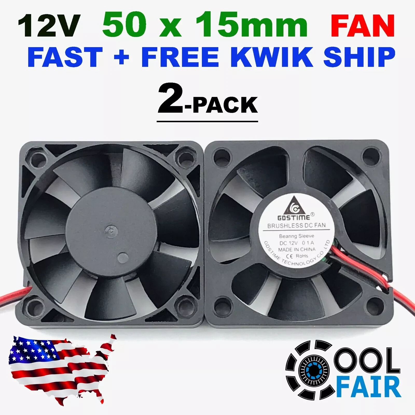 2 Pcs Gdstime 50mm x 50mm x 15mm 12v Cooling Fan DC Brushless Axial 5015  E34