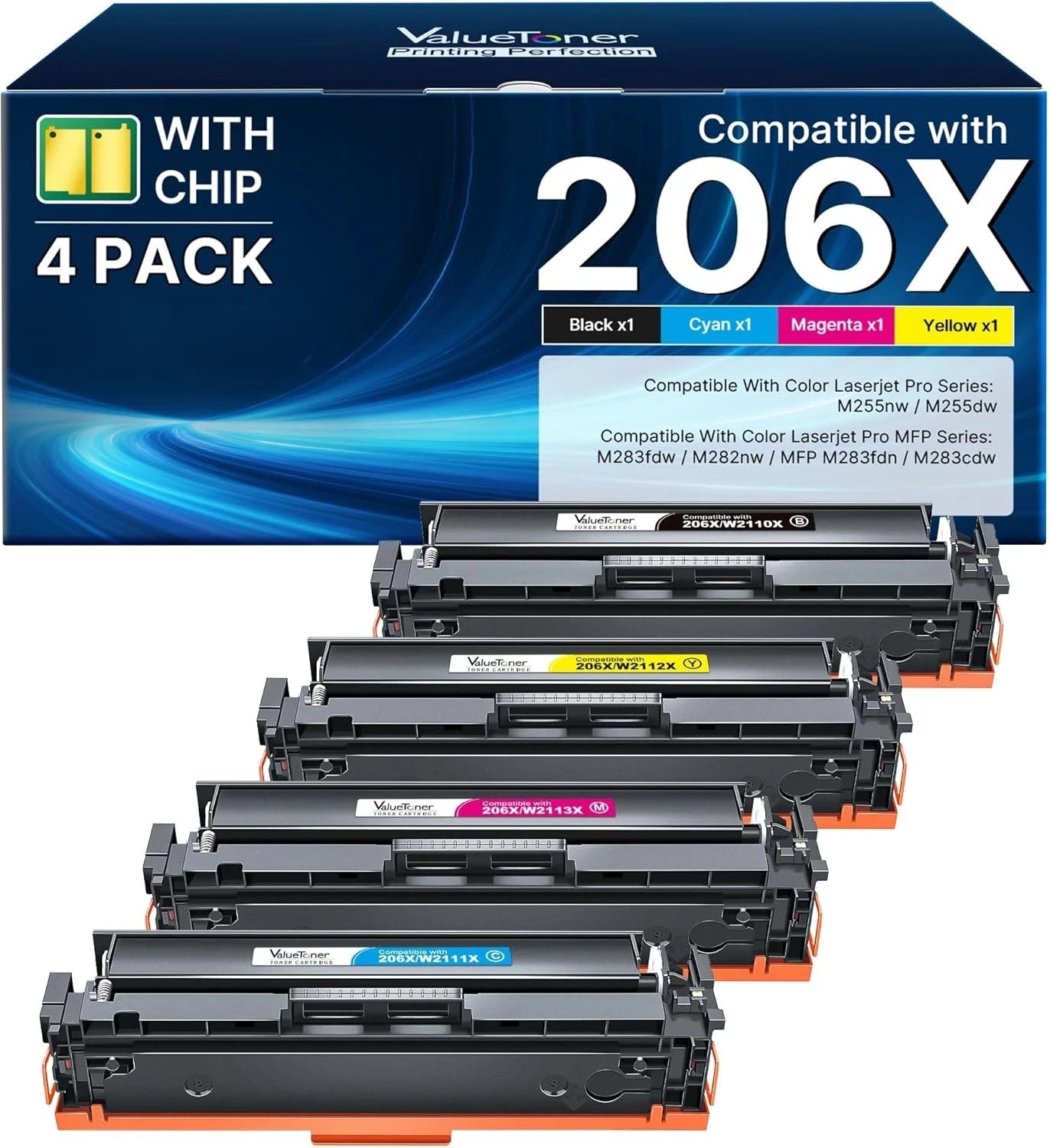 206X Toner Cartridges 4 Pack High Yield: MFP M283fdw Compatible for HP 206X 206A