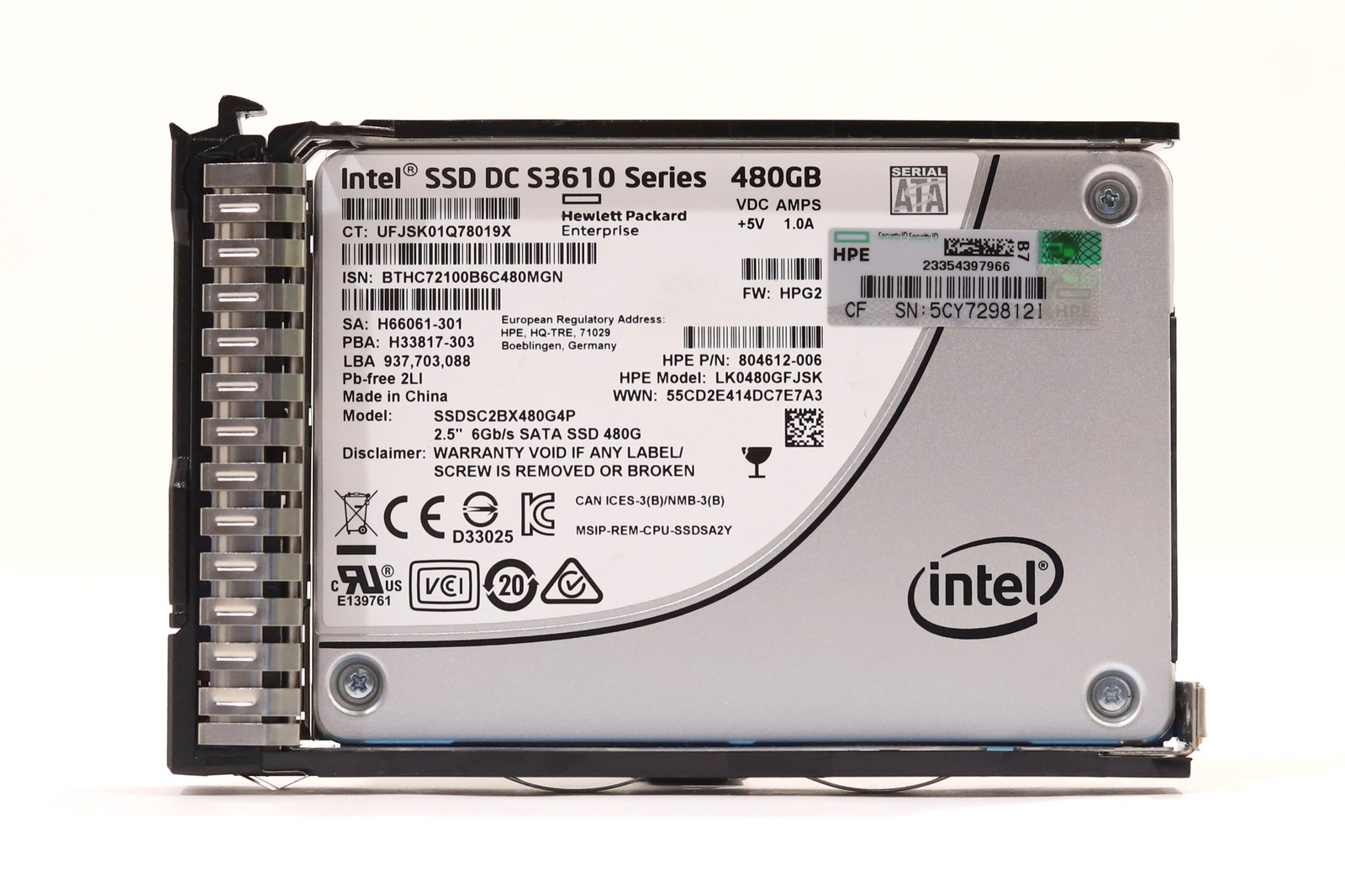 HPE SSDSC2BX480G4P 480GB 2.5" 6Gb/s MU eMLC SATA SSD W/Caddy P/N: 804612-006